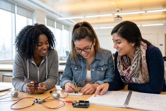 Group of young diverse female students smiling and working together on an electronics and robotics science project in a classroom lab.