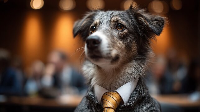 A well-dressed dog in a suit and tie, exuding charm and professionalism in a corporate setting.