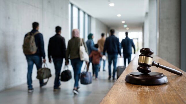 Immigration law court trial with judge gavel and refugees walking with bags in corridor asylum application legal process deportation justice human rights and global migration policy concept