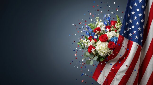 Patriotism and national holiday background for memorial day or veterans day celebration with usa flag red roses floral arrangement and flying festive star confetti on premium dark backdrop