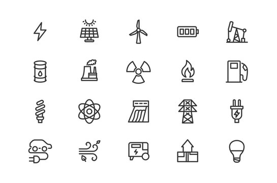 Energy and power line icon set. Simple UI vector icons pack for green technology website, ecology presentation, industry, electricity and fuel.