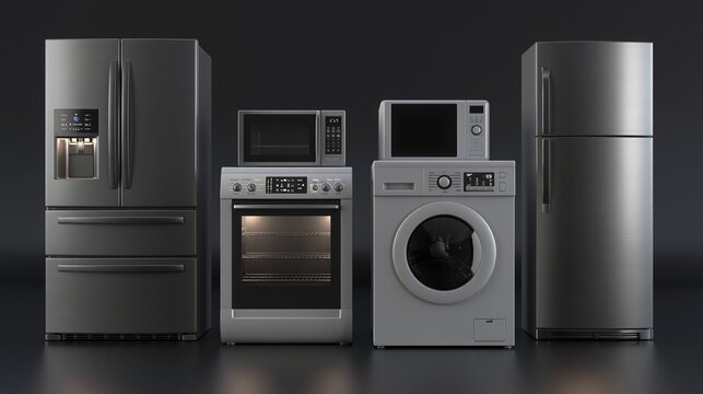 Collection of modern stainless steel home kitchen appliances including refrigerator, oven, and washing machine