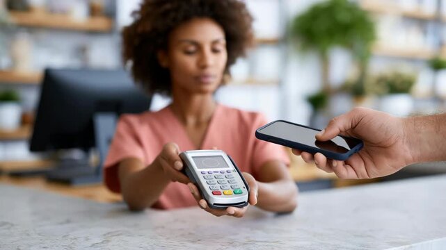 Handheld tracking shot of cashier presenting card reader while customer taps smartphone for contactless payment at store counter