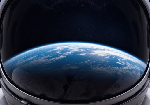 A protective space helmet visor reflects the deep blue curve of a distant planet set against the cold void of the cosmos, travel, environment, surface