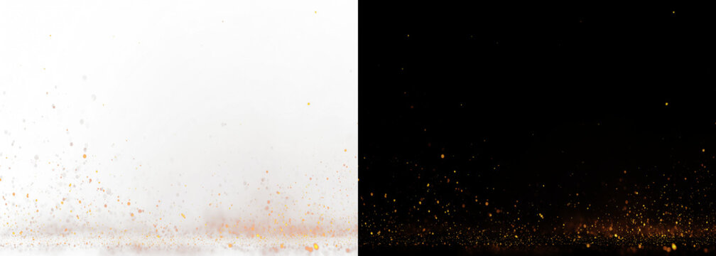 Realistic shower of fire sparks and glowing embers on split background. Dramatic burning overlay with cinematic warmth and intense visual impact.