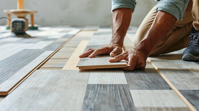 Skilled craftsman installing modern laminate flooring planks during home renovation project