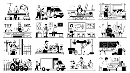 Fototapeta premium Modern Employment and Workforce Illustration Pack with Various Professional Roles
