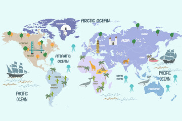 Naklejka premium The image shows a whimsical cartoon world map design, commonly used for children's nurseries, playrooms, or school classroom wallpaper. It features stylized green and yellow continents against a strip