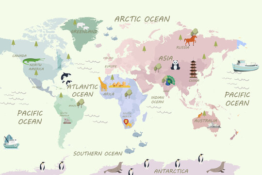 The image shows a whimsical cartoon world map design, commonly used for children's nurseries, playrooms, or school classroom wallpaper. It features stylized green and yellow continents against a strip