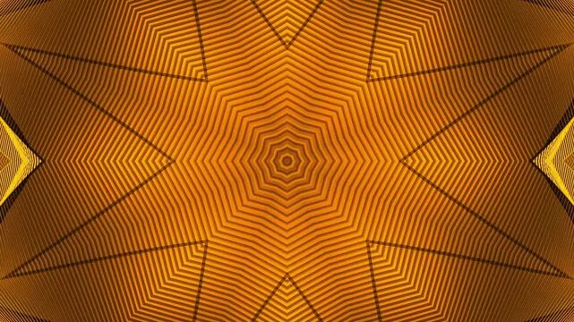 Golden linear starburst kaleidoscope loop, seamless geometric abstract background