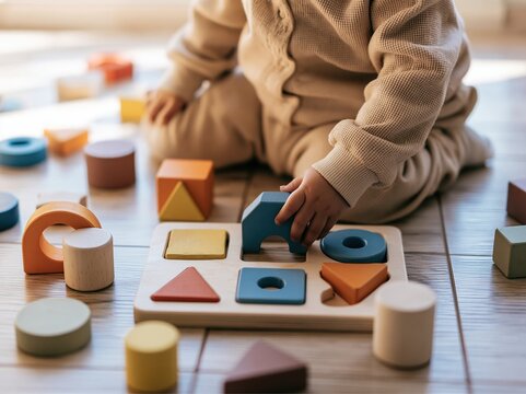 Close-up of a toddler's hands playing with colorful geometric wooden shape sorter toy on a wooden floor