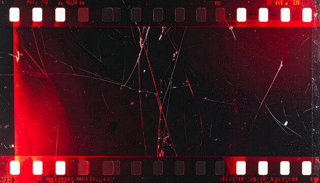 Vintage film strip overlay with red light leaks, scratches, dust, and grain for cinematic retro photography effects