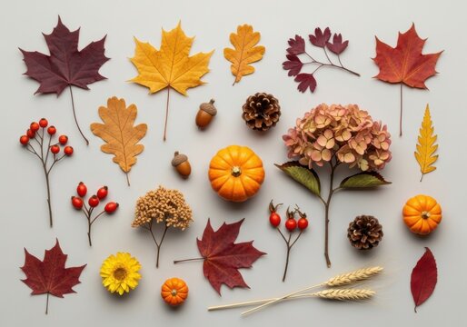 Autumn harvest and fall foliage arrangement isolated on white background