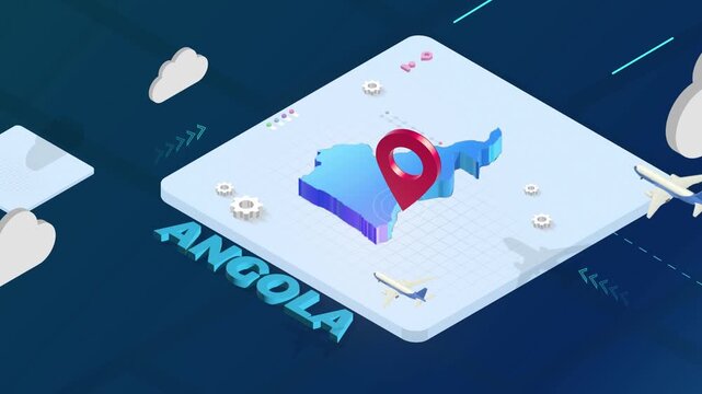 Isometric 3D Render of Angola Map with Red Location Pin Pointer and Floating Airplanes