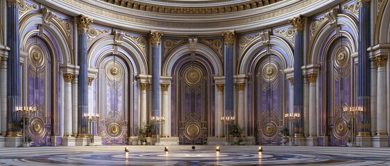 Naklejka premium Ornate Royal Hall with Arched Doorways and Gold Accents, Evoking Grandeur and Opulence