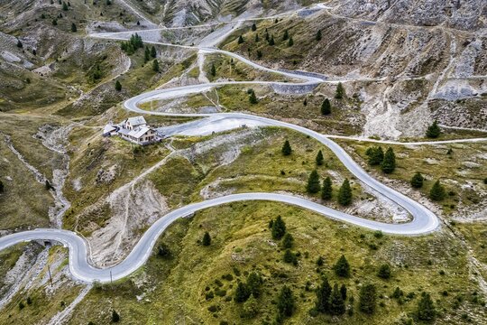 France, region Provence-Alpes-C&ocirc;te d'Azur, Savoier Alps, Departement Hautes-Alpes, aerial view of pass Col d'Izoard, Route des Grandes Alpes, travel landscape nature