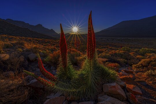 Sun star during the golden hour in Teide National Park with red tajinasts in the foreground