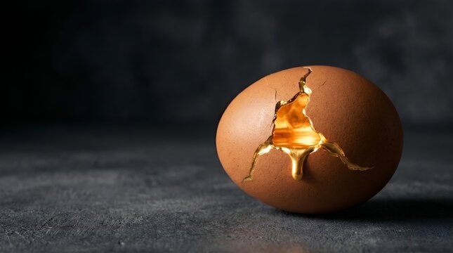 A single cracked brown egg with glowing liquid gold inside on a dark textured surface.