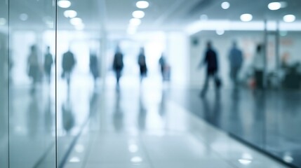 Fototapeta premium Blurred silhouettes of people walking in a modern, brightly lit corporate office hallway or business center