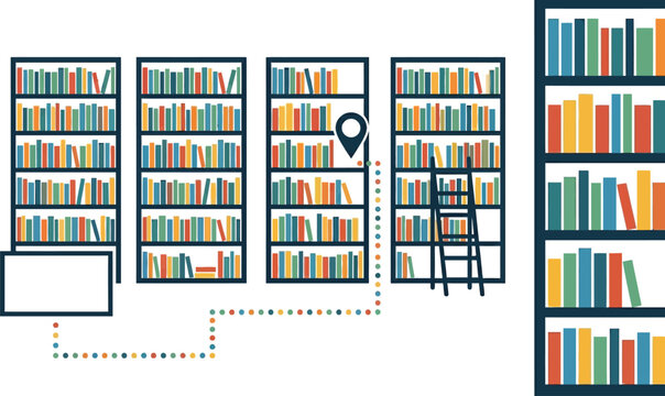 Bookshelves arranged in a library setting feature a navigation path and a location pin to help readers find specific volumes easily.