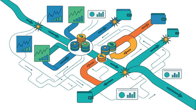 Data flow diagram illustrates the complex movement of financial assets through digital infrastructure.