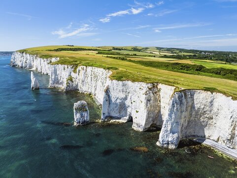 White Cliffs of Old Harry Rocks Jurassic Coast from a drone, Dorset Coast, Poole, England, United Kingdom