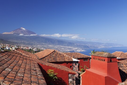 Casa del Vino in El Sauzal overlooking the north coast to Puerto de la Cruz, behind Teide, Tenerife, Canary Islands, Spain