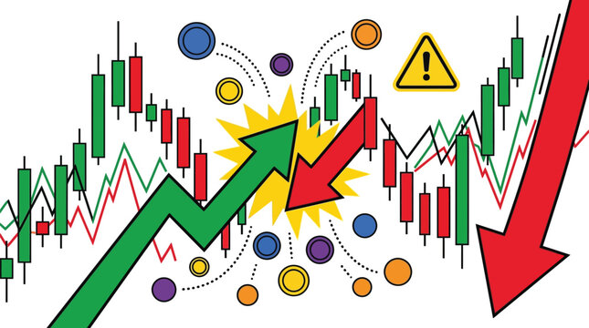 Arrows representing market growth and decline clash over a candlestick chart to illustrate financial risk.