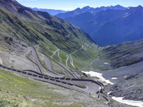 View of the north ramp east ramp Ascent from pass road to mountain pass Alpine pass with 48 serpentines tight bends Stelvio Pass Stelvio, Stelvio, South Tyrol, Alto Adige, Italy