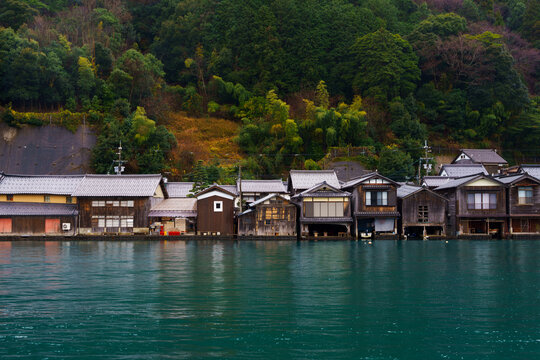 Traditional wooden boat houses Funaya in Ine cho, Kyoto, Japan