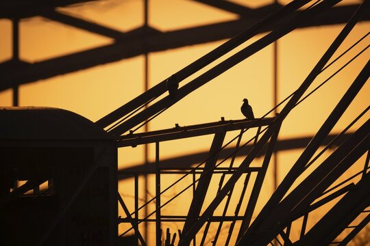 The silhouette of a pigeon sitting on the boom of an old crane at the Weseler Werft shipyard in Frankfurt am Main is silhouetted against the light of the rising sun, Frankfurt am Main, Hesse, Germany
