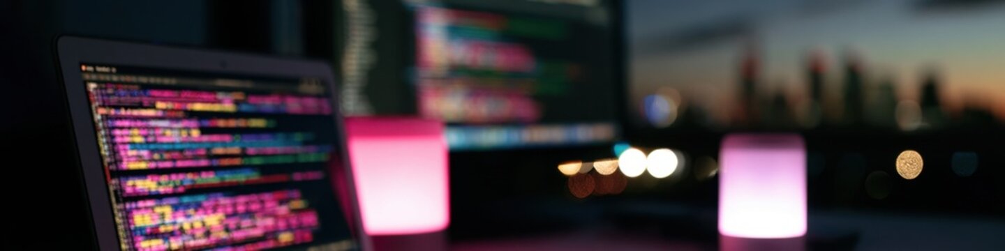 Laptop screen displaying colorful programming code on a desk at night with ambient lights and blurred city