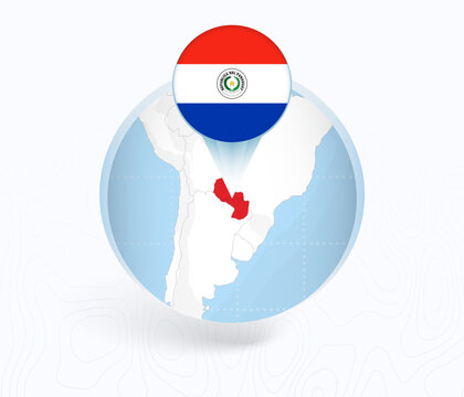 Paraguay Map with Round Paraguay Flag Pin Pointer on Circular Globe.