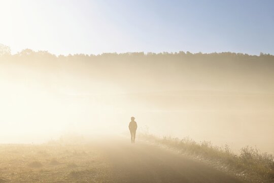 Alone person in silhouette walking on a dirt road in the countryside in the morning fog