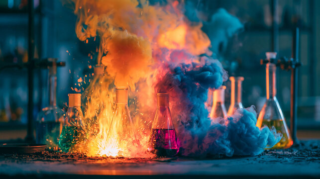 A laboratory chemical reaction: vials and flasks on a table, bright flames, sparks, and thick smoke &mdash; a scientific experiment.