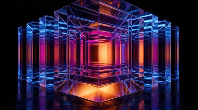 Futuristic 3d background with glowing glass cubes structure on wet floor reflection, neon blue and purple geometric frames with orange light inside