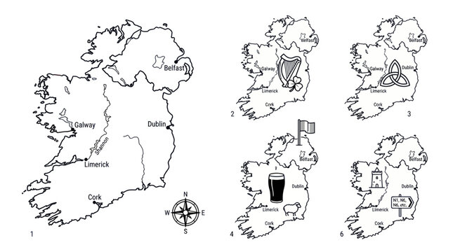 Ireland map silhouettes with celtic symbols and major city locations