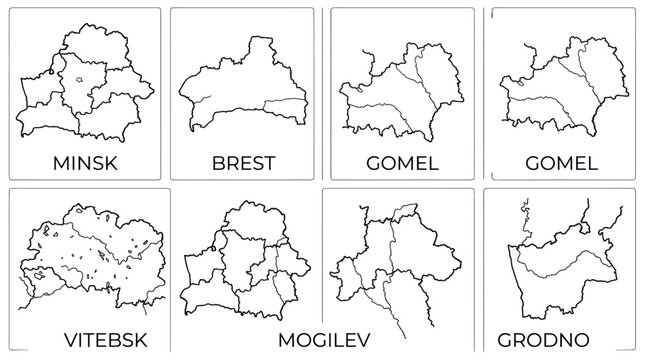 Set of administrative region maps for belarus in line art style