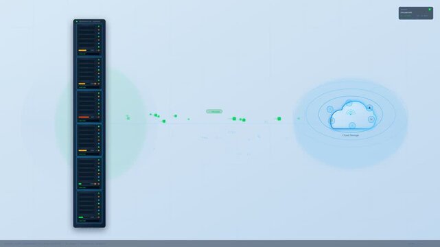 Conceptual flat animation showing digital data transmission and network synchronization between a local server database rack and a remote cloud storage icon on a blue grid background.