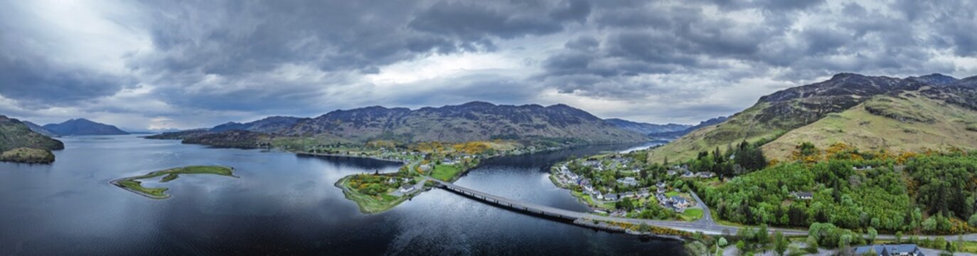 Panorama of Loch Long Bridge or Dornie New Bridge from a drone, Loch Long River, Highlands, Scotland, England, United Kingdom