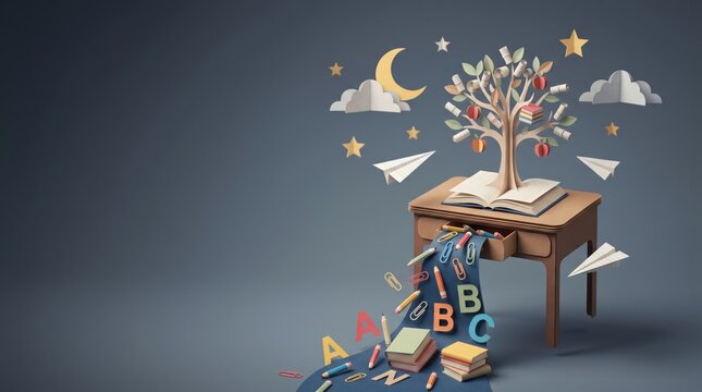 Creative back to school paper art concept with book tree growing from desk and alphabet letters pouring from drawer 