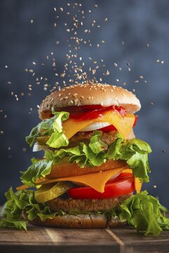 A dynamically presented burger with flying sesame seeds and fresh vegetables