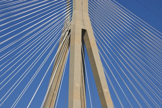 Detailed view of the steel cables of a bridge against a clear sky, Rio-Antirrio cable-stayed bridge, Patras, Peloponnese, Greece