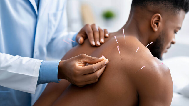 Close-up of an acupuncture procedure: a doctor inserts thin needles into the upper back and neck of a relaxed patient.