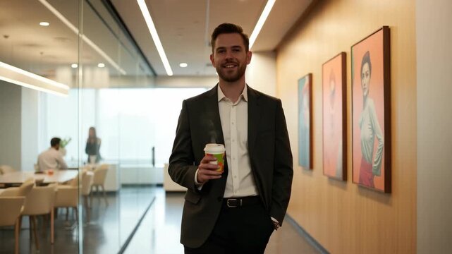 A man in a suit, smiling and holding a cup of coffee, standing in an office environment.