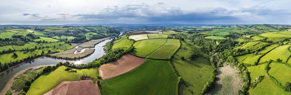 Panorama of Farms and Fields over River Dart from a drone, Stoke Gabriel, Totnes, Devon, England, United Kingdom