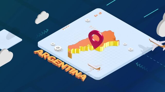 Isometric 3D Render of Argentina Map with Red Location Pin Pointer and Floating Airplanes