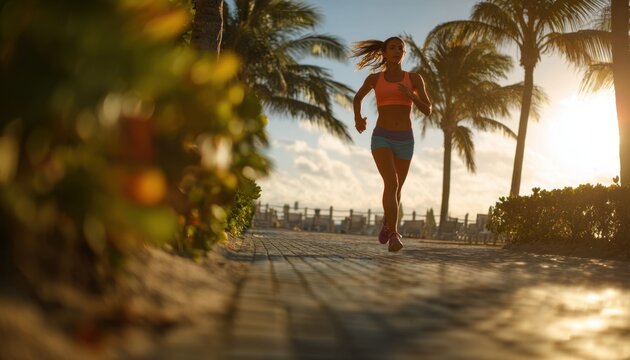 Lone female runner sprinting on a vibrant sun-drenched beach path with palm trees at sunset