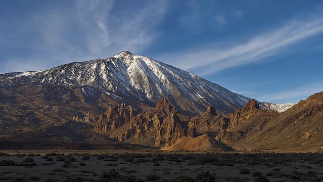 Llano de Ucanca, impressive snow-covered volcanic landscape with distinctive rocks and blue sky, Teide, Parque Nacional del Teide, Teide National Park, volcano, volcanism, UNESCO World Heritage Site, Tenerife, Canary Islands, Spain