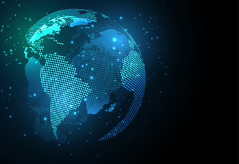 Naklejka premium Digital dotted world globe with glowing network particles, tech concept for global communication